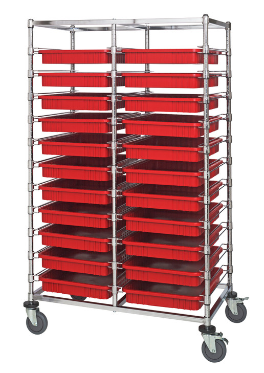BC214069M2DRD Bin Cart, mobile, double bay, 24"W x 40"L x 69"H, includes: (22) 22-1/2"L x 17-1/2"W x3"H  (DG93030) red bin, chrome plated finish, shipped KD