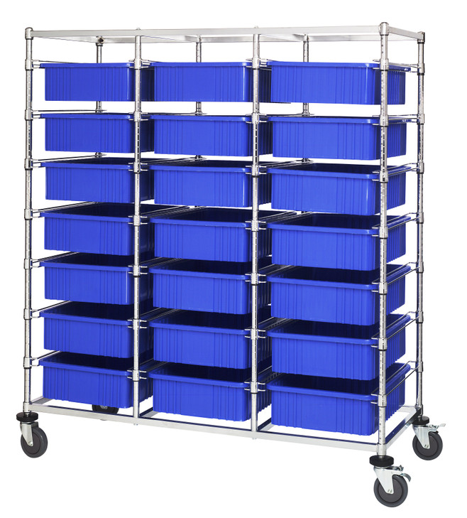 BC216069M1TBL Bin Cart, mobile, triple bay, 24"W x 60"L x 69"H, includes: (21) 22-1/2"L x 17-1/2"W x 6"H  (DG93060) blue bin, chrome plated finish, shipped KD