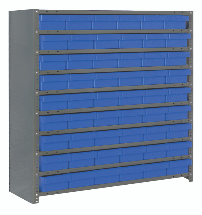 CL1239-401BL Shelving Unit, closed, 12"D x 36"L x 39"H, heavy duty, 400 lb. load capacity per shelf, includes: (10) shelves, (54) 11-5/8"L x 5-9/16"W x 2-1/8"H (QED401) blue black bins, uprights and cross bars, galvanized steel finish