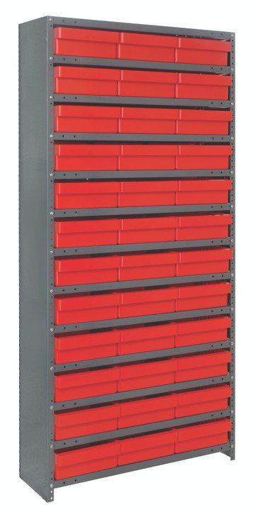 CL1275-801RD Shelving Unit, closed, closed, 12"D x 36"L x 75"H, heavy duty, 400 lb. load capacity per shelf, includes: (13) shelves, (36) 11-5/8"L x 11-1/8"W x 4-5/8"H (QED801) red black bins, uprights and cross bars, galvanized steel finish