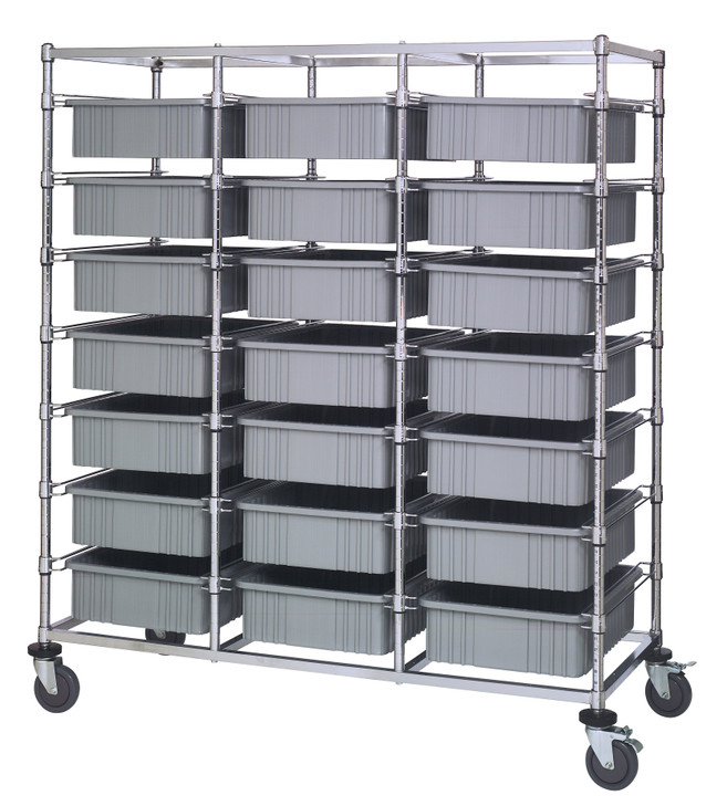 BC216069M1TGY Bin Cart, mobile, triple bay, 24"W x 60"L x 69"H, includes: (21) 22-1/2"L x 17-1/2"W x 6"H  (DG93060) gray bin, chrome plated finish, shipped KD