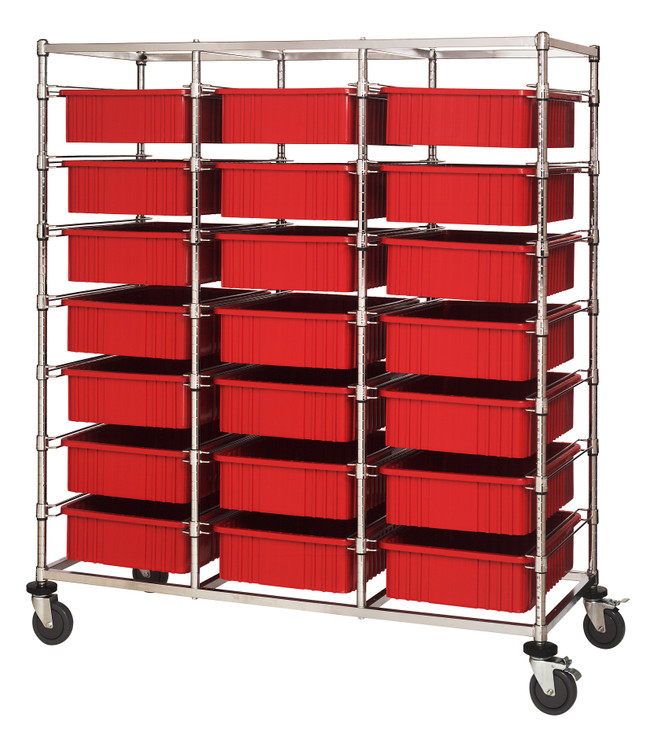 BC216069M1TRD Bin Cart, mobile, triple bay, 24"W x 60"L x 69"H, includes: (21) 22-1/2"L x 17-1/2"W x 6"H  (DG93060) red bin, chrome plated finish, shipped KD