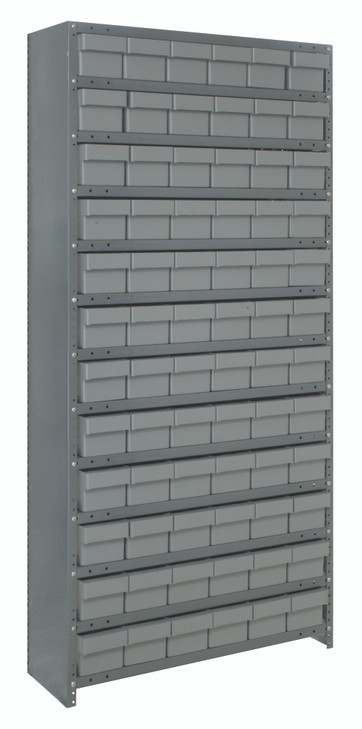 CL1275-601GY Shelving Unit, closed, closed, 12"D x 36"L x 75"H, heavy duty, 400 lb. load capacity per shelf, includes: (13) shelves, (72) 11-5/8"L x 5-9/16"W x 4-5/8"H (QED601) gray black bins, uprights and cross bars, galvanized steel finish