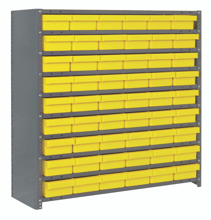 CL1239-401YL Shelving Unit, closed, 12"D x 36"L x 39"H, heavy duty, 400 lb. load capacity per shelf, includes: (10) shelves, (54) 11-5/8"L x 5-9/16"W x 2-1/8"H (QED401) yellow black bins, uprights and cross bars, galvanized steel finish