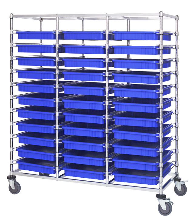 BC216069M2TBL Bin Cart, mobile, triple bay, 24"W x 60"L x 69"H, includes: (33) 22-1/2"L x 17-1/2"W x3"H  (DG93030) blue bin, chrome plated finish, shipped KD