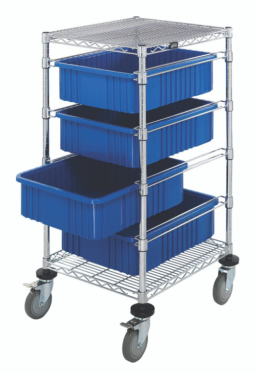 BC212434M1BL Bin Cart, mobile, 21"W x 24"L x 45"H, includes: (2) wire shelves, (4) 22-1/2"L x 17-1/2"W x 6"H (DG93060) blue bin and set of casters, chrome plated finish