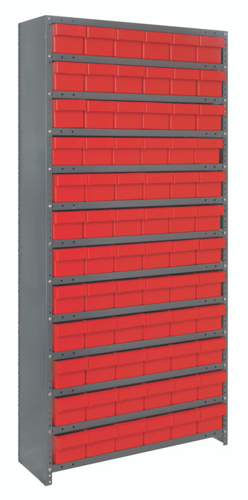 CL1875-602RD Shelving Unit, closed, 18"D x 36"L x 75"H, heavy duty, 400 lb. load capacity per shelf, includes: (13) shelves, (72) 17-7/8"L x 5-9/16"W x 4-5/8"H (QED602) red black bins, uprights and cross bars, galvanized steel finish