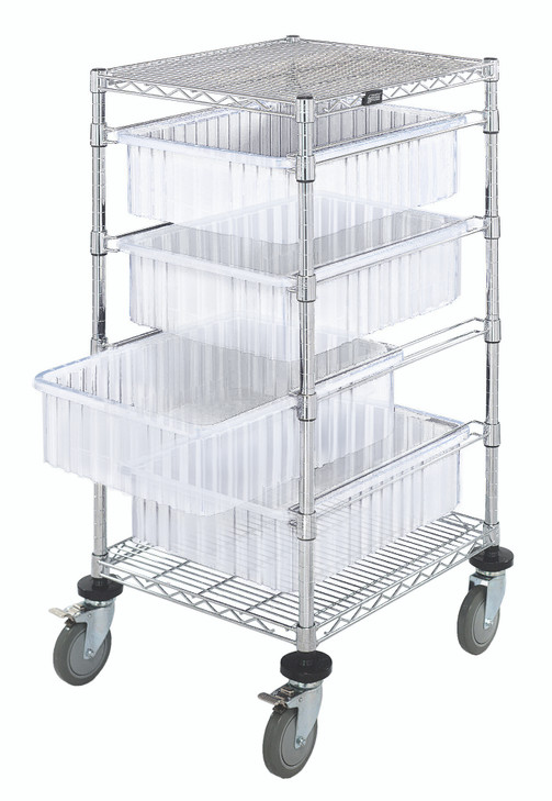 BC212434M1CL Bin Cart, mobile, 21"W x 24"L x 45"H, includes: (2) wire shelves, (4) 22-1/2"L x 17-1/2"W x 6"H (DG93060) clear bin and set of casters, chrome plated finish