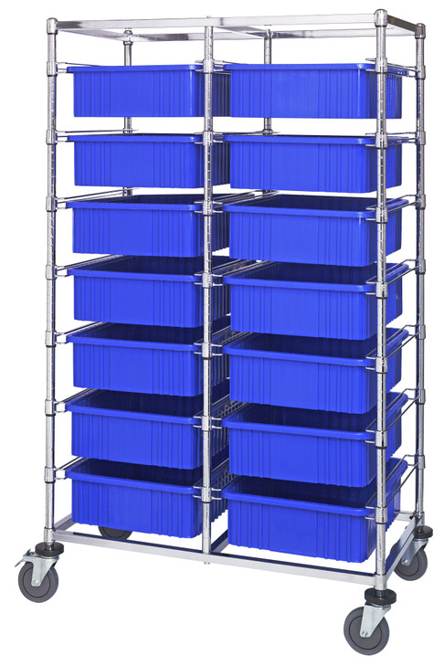 BC214069M1DBL Bin Cart, mobile, double bay, 24"W x 40"L x 69"H, includes: (14) 22-1/2"L x 17-1/2"W x 6"H  (DG93060) blue bin, chrome plated finish, shipped KD