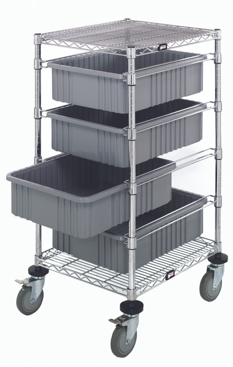 BC212434M1GY Bin Cart, mobile, 21"W x 24"L x 45"H, includes: (2) wire shelves, (4) 22-1/2"L x 17-1/2"W x 6"H (DG93060) gray bin and set of casters, chrome plated finish