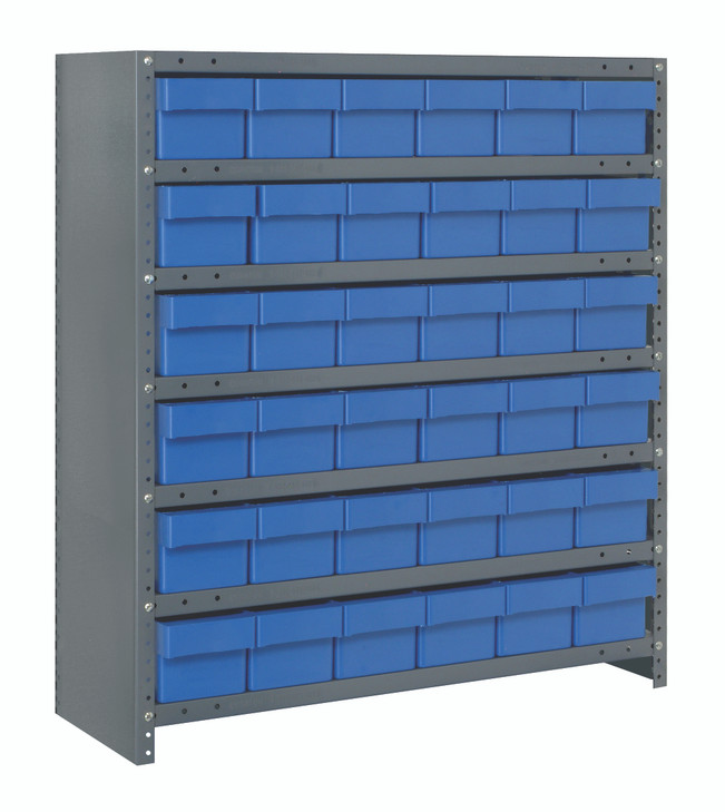 CL1239-601BL Shelving Unit, closed, 12"D x 36"L x 39"H, heavy duty, 400 lb. load capacity per shelf, includes: (7) shelves, (36) 11-5/8"L x 5-9/16"W x 4-5/8"H (QED601) blue black bins, uprights and cross bars, galvanized steel finish
