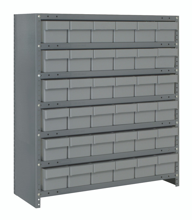 CL2439-603GY Shelving Unit, closed, 24"D x 36"L x 39"H, heavy duty, 400 lb. load capacity per shelf, includes: (7) shelves, (36) 24"L x 5-9/16"W x 4-5/8"H (QED603) gray black bins, uprights and cross bars, galvanized steel finish