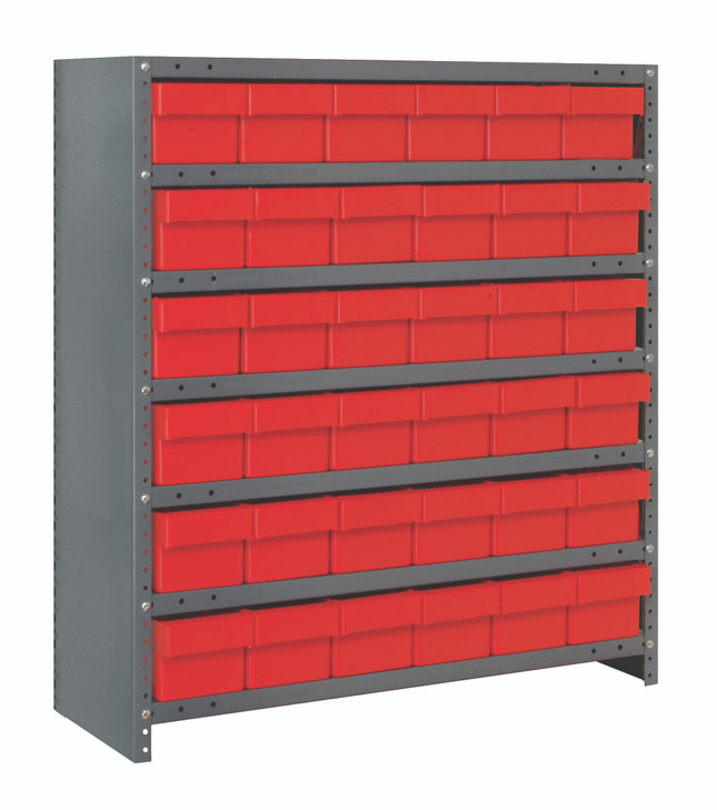 CL2439-603RD Shelving Unit, closed, 24"D x 36"L x 39"H, heavy duty, 400 lb. load capacity per shelf, includes: (7) shelves, (36) 24"L x 5-9/16"W x 4-5/8"H (QED603) red black bins, uprights and cross bars, galvanized steel finish