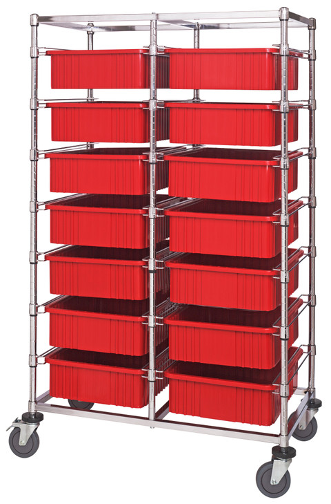 BC214069M1DRD Bin Cart, mobile, double bay, 24"W x 40"L x 69"H, includes: (14) 22-1/2"L x 17-1/2"W x 6"H  (DG93060) red bin, chrome plated finish, shipped KD