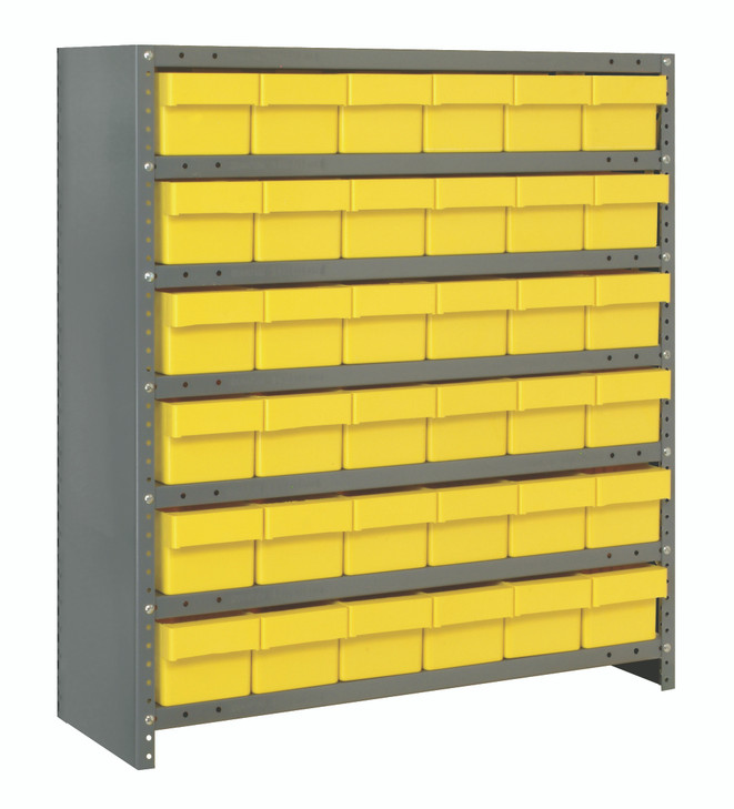 CL1239-601YL Shelving Unit, closed, 12"D x 36"L x 39"H, heavy duty, 400 lb. load capacity per shelf, includes: (7) shelves, (36) 11-5/8"L x 5-9/16"W x 4-5/8"H (QED601) yellow black bins, uprights and cross bars, galvanized steel finish