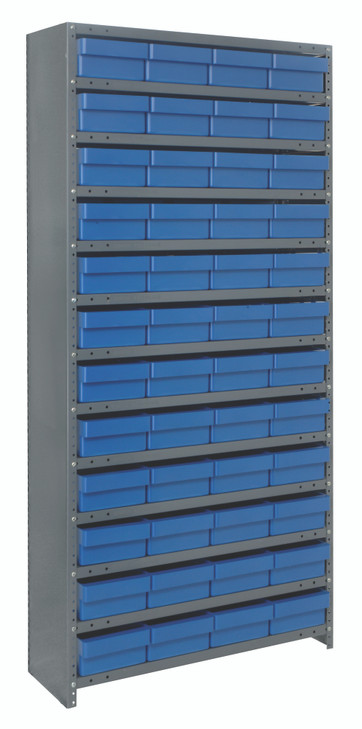 CL1875-606BL Shelving Unit, closed, 18"D x 36"L x 75"H, heavy duty, 400 lb. load capacity per shelf, includes: (13) shelves, (48) 17-7/8"L x 8-3/8"W x 4-5/8"H (QED606) blue black bins, uprights and cross bars, galvanized steel finish