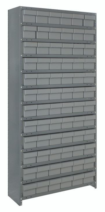 CL2475-603GY Shelving Unit, 24"D x 36"L x 75"H, heavy duty, 400 lb. load capacity per shelf, includes: (13) shelves, (72) 24"L x 5-9/16"W x 4-5/8"H (QED603) gray black bins, uprights and cross bars, galvanized steel finish