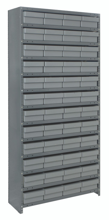 CL1875-606GY Shelving Unit, closed, 18"D x 36"L x 75"H, heavy duty, 400 lb. load capacity per shelf, includes: (13) shelves, (48) 17-7/8"L x 8-3/8"W x 4-5/8"H (QED606) gray black bins, uprights and cross bars, galvanized steel finish