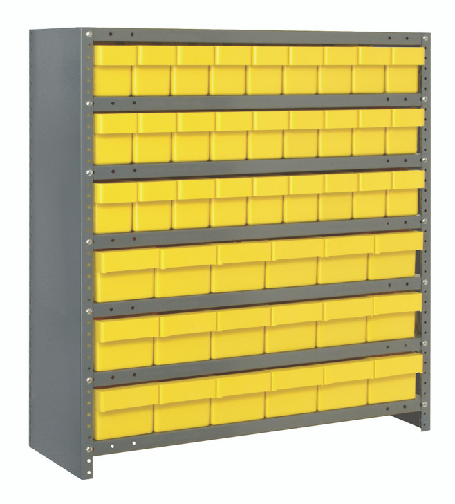 CL1839-624YL Shelving Unit, closed, 18"D x 36"L x 39"H, heavy duty, 400 lb. load capacity per shelf, includes: (7) shelves, (27) 17-7/8"L x 3-3/4"W x 4-5/8"H (QED604) and (18) 17-7/8"L x 5-9/16"W x 4-5/8"H (QED602) yellow black bins
