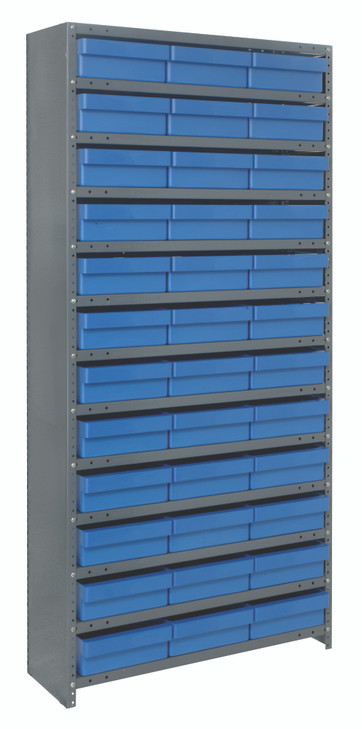 CL1275-801BL Shelving Unit, closed, 12"D x 36"L x 75"H, heavy duty, 400 lb. load capacity per shelf, includes: (13) shelves, (36) 11-5/8"L x 11-1/8"W x 4-5/8"H (QED801) blue black bins, uprights and cross bars, galvanized steel finish