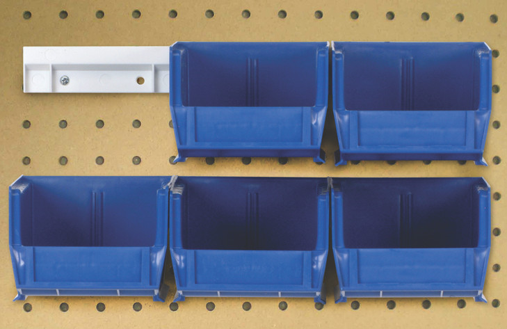 HNS210BL Hang-n-Stack Bin, complete package, includes: (6) 5-3/8"L x 4-1/8"W x 3"H (QUS210) blue bin and (2) bin rails