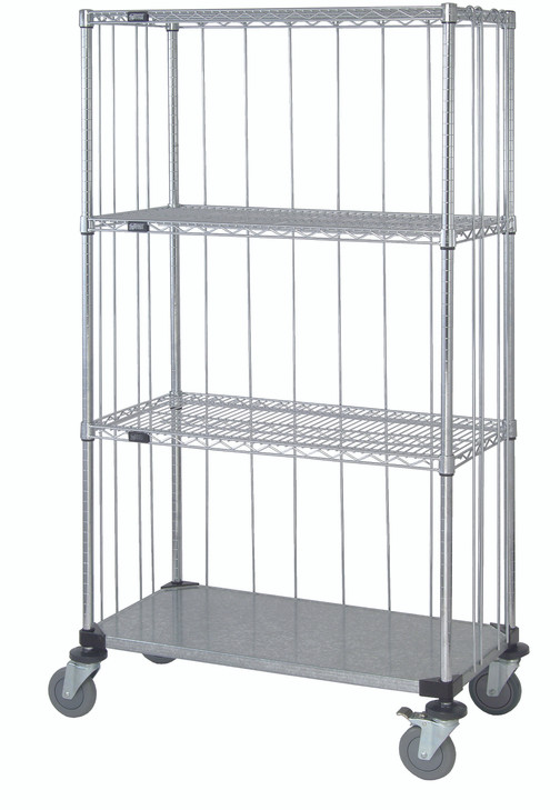 M1848CG46RE Mobile Enclosure Cart, 48"W x 18"D x 69"H, includes: (3) wire shelves, (1) solid galvanized steel shelf, (4) 63"H posts, rods and tabs kits, (4) donut bumpers, and (4) 5" thermoplastic resin casters (2 with brakes), chrome plated finish