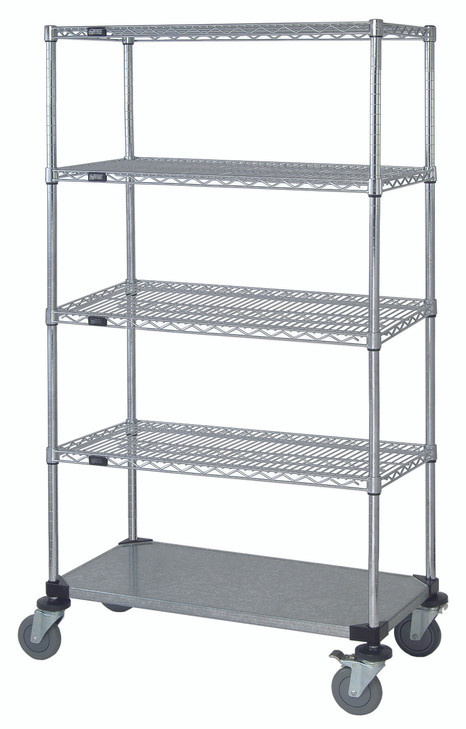 M2436CG47-5 Mobile Cart, 36"W x 24"D x 80"H, includes: (4) wire shelves, (1) solid galvanized steel shelf, (4) 74"H posts, (4) donut bumpers, and (4) 5" thermoplastic resin casters (2 with brakes), chrome plated finish