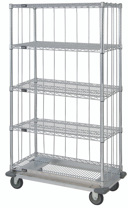 MD2436C47RE-5 Mobile Enclosure Cart, 36"W x 24"D x 81"H, includes: (5) wire shelves, (4) 74"H posts, rods and tabs kits, (1) dolly base, & (4) plate thermoplastic resin casters (2 rigid, 2 swivel with brakes), chrome plated finish
