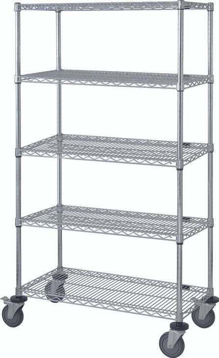 M2448C46-5 Mobile Cart, 48"W x 24"D x 69"H, includes: (5) wire shelves, (4) 63"H posts, (4) donut bumpers, and (4) 5" thermoplastic resin casters (2 with brakes), chrome plated finish