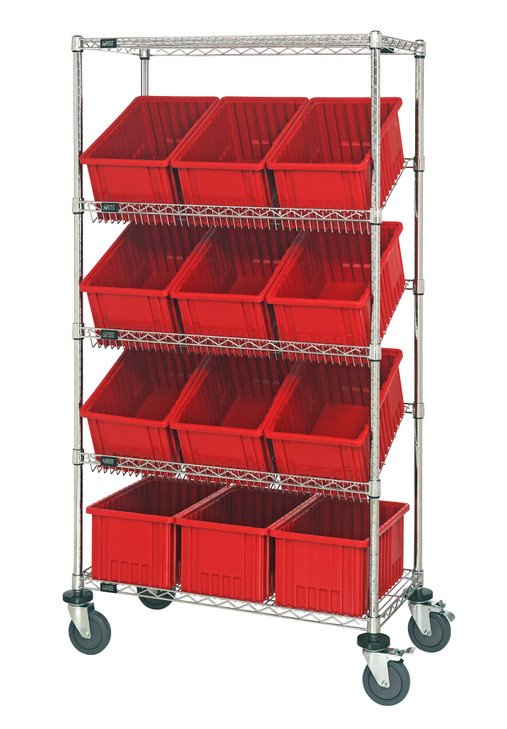 MWRS-5-92080RD Slanted Wire Shelving Cart 18"D x 36"W x 63"with 12 DG92080 Bins