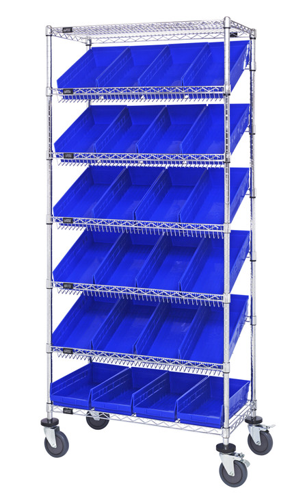 MWRS-7-108BL Slanted Wire Shelving Cart 18"D x 36"W x 74"with 24 QSB108 Bins
