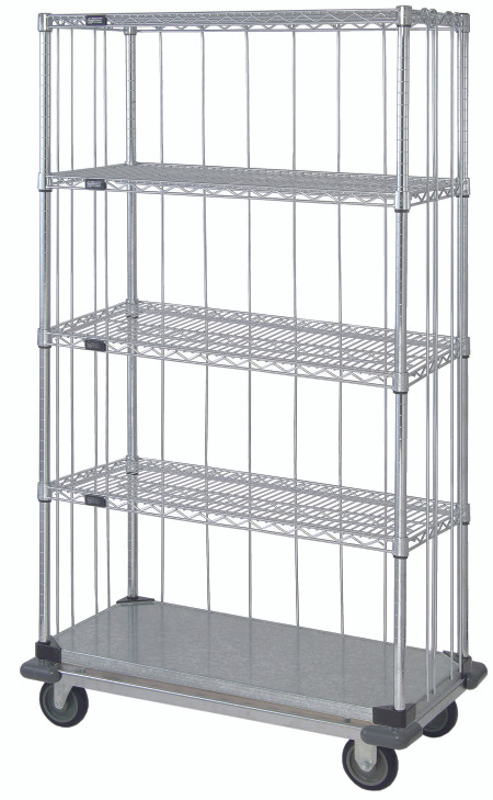 MD2436CG46RE-5 Mobile Enclosure Cart, 36"W x 24"D x 70"H, includes: (4) wire shelves, (1) solid galvanized steel shelf, (4) 63"H posts, rods and tabs kits, (1) dolly base, & (4) plate thermoplastic resin casters (2 rigid, 2 swivel with brakes)