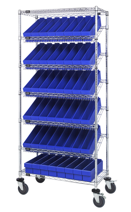 MWRS-7-604BL Bin Systems Unit, mobile, 36"L x 18"W x 80"H, includes: (4) posts, (2) flat wire shelves, (5) slanted wire shelves, (48) 17-5/8"L x 3-3/4"W x 4-5/8"H blue bins (QED604) & (4) 5" swivel polyurethane casters (2 with brakes)