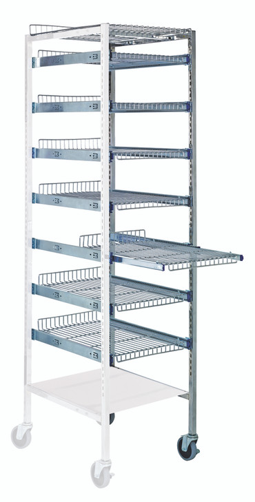 PS-A2475-7SC Partition Store Pull Out Basket Cart Add-On Unit with wire shelves, includes (1) frame, (4) cross bars, full extension slides, bottom dust cover and (2) 4" casters, (1) with brake, chrome plated finish