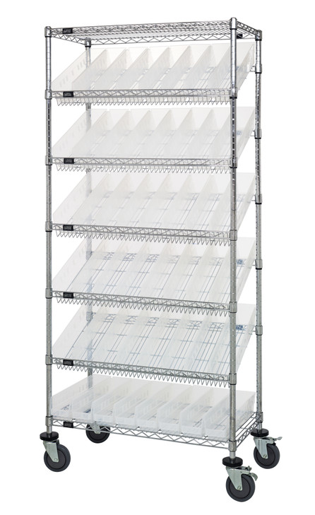 MWRS-7-103CL Slanted Wire Shelving Cart 18"D x 36"W x 74"with 48 QSB103 Bins