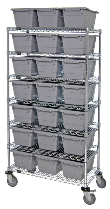 MWR7-1711-8GY Bin System Unit, mobile, 60"W x 18"D x 69"H, includes (7) wire shelves, (24) 17-1/4"L x 11"W x 8"H (TUB1711-8) gray bin and (4) 5" swivel casters, (2) with brake, chrome plated finish, shipped KD