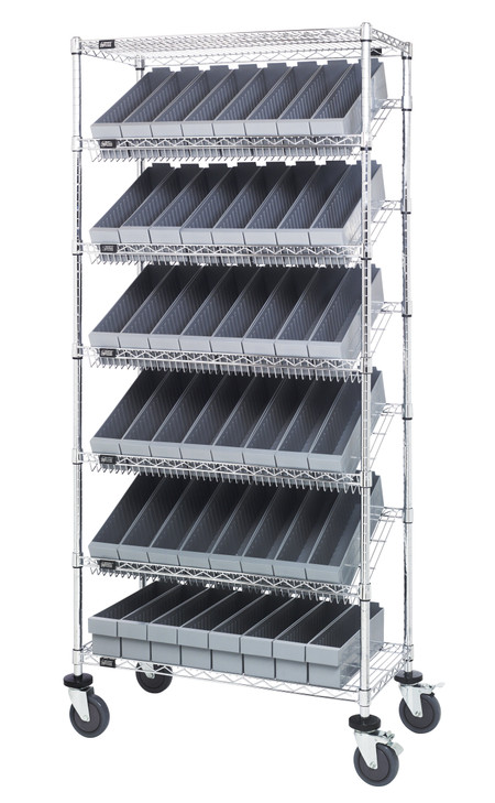 MWRS-7-604GY Bin Systems Unit, mobile, 36"L x 18"W x 80"H, includes: (4) posts, (2) flat wire shelves, (5) slanted wire shelves, (48) 17-5/8"L x 3-3/4"W x 4-5/8"H gray bins (QED604) & (4) 5" swivel polyurethane casters (2 with brakes)