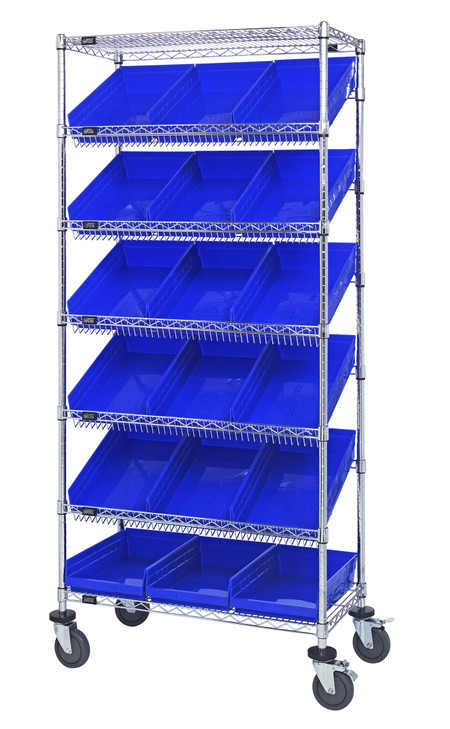 MWRS-7-110BL Slanted Wire Shelving Cart 18"D x 36"W x 74"with 18 QSB110 Bins