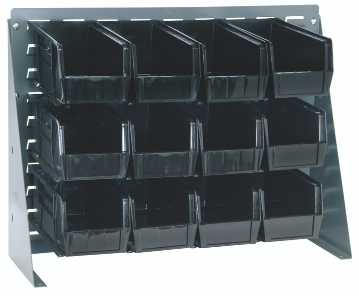 QBR-2721-230-12BK Bench Rack, 27-3/4"L x 8"W x 21"H, 16 gauge steel louvered model, includes: (12) 10-7/8"L x 5-1/2"W x 5"H black bins, gray enamel finish