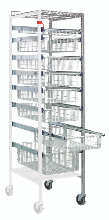 PS-A2475-8WB Partition Store Pull Out Basket Cart Add-On Unit with wire baskets, includes (1) frame, (4) cross bars, full extension slides, bottom dust cover and (2) 4" casters, (1) with brake, chrome plated finish