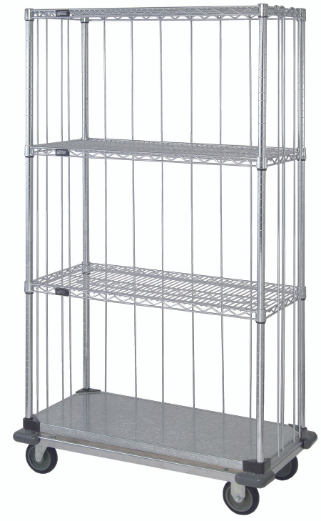 MD2460CG46RE Mobile Enclosure Cart, 60"W x 24"D x 70"H, includes: (3) wire shelves, (1) solid galvanized steel shelf, (4) 63"H posts, rods and tabs kits, (1) dolly base, & (4) plate thermoplastic resin casters (2 rigid, 2 swivel with brakes)