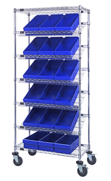 MWRS-7-606BL Bin Systems Unit, mobile, 36"L x 18"W x 80"H, includes: (4) posts, (2) flat wire shelves, (5) slanted wire shelves, (18) 17-5/8"L x 8-3/8"W x 4-5/8"H blue bins (QED606) & (4) 5" swivel polyurethane casters (2 with brakes)