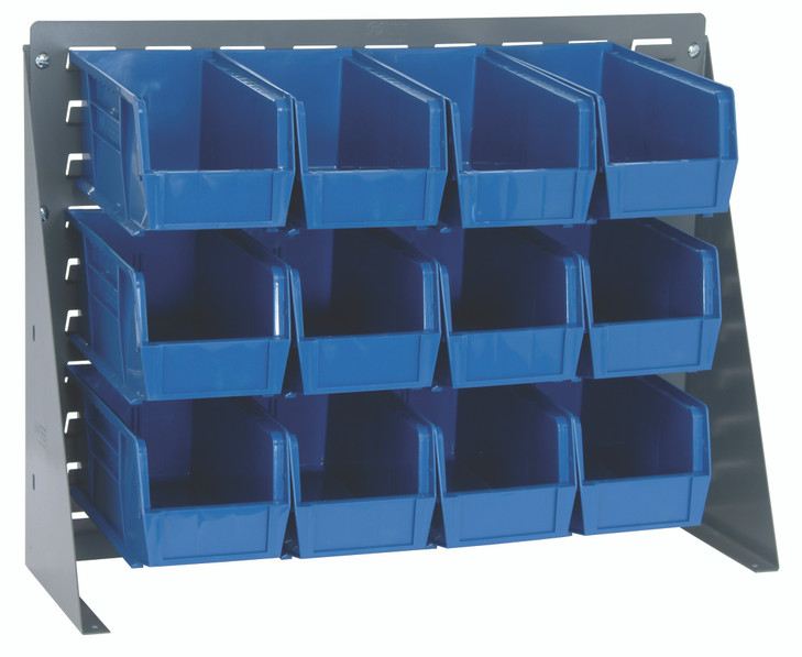 QBR-2721-230-12BL Bench Rack, 27-3/4"L x 8"W x 21"H, 16 gauge steel louvered model, includes: (12) 10-7/8"L x 5-1/2"W x 5"H blue bins, gray enamel finish