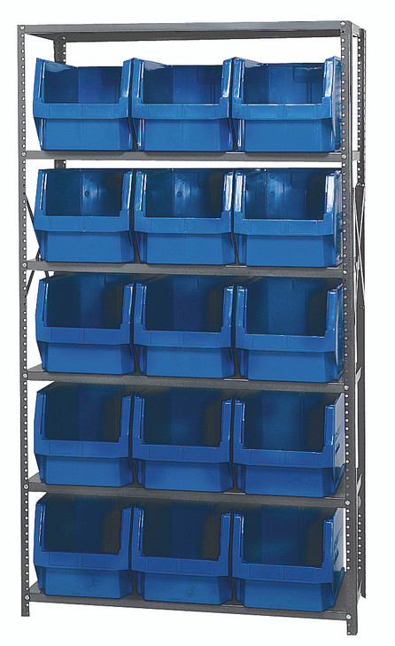 MSU-533BL Magnum Bin Steel Shelving, 42"W x 18"D x 75"H, includes: (6) shelves and (15) 19-3/4"L x 12-3/8"W x 11-7/8"H (QMS533) blue bins, corrosion and rust resistant, Made in USA