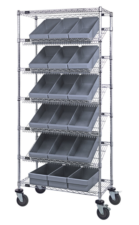 MWRS-7-606GY Bin Systems Unit, mobile, 36"L x 18"W x 80"H, includes: (4) posts, (2) flat wire shelves, (5) slanted wire shelves, (18) 17-5/8"L x 8-3/8"W x 4-5/8"H gray bins (QED606) & (4) 5" swivel polyurethane casters (2 with brakes)