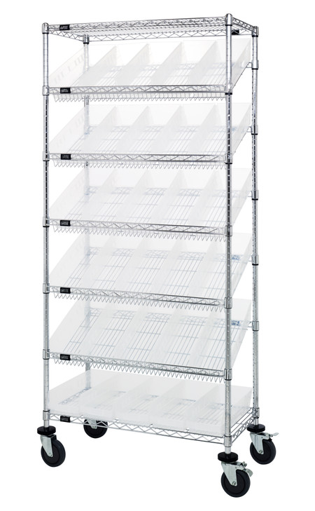 MWRS-7-104CL Slanted Wire Shelving Cart 18"D x 36"W x 74"with 30 QSB104 Bins