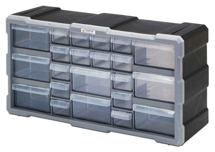 PDC-22BK Plastic Drawer Cabinet, 6-1/4"L x 19-1/2"W x 10"H, includes (14) 5-1/2"L x 2"W x 1-1/4"W and (8) 5-1/2"L x 4-1/4"W x 2"H, each drawer includes a divider, stable stacking and easy wall mounting