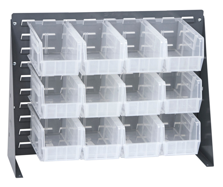 QBR-2721-230-12CL Bench Rack, 27-3/4"L x 8"W x 21"H, 16 gauge steel louvered model, includes: (12) 10-7/8"L x 5-1/2"W x 5"H clear bins, gray enamel finish