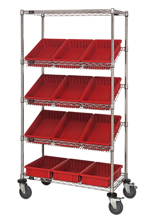 MWRS-5-92035RD Slanted Wire Shelving Cart 18"D x 36"W x 63"with 12 DG92035 Bins