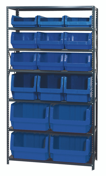 MSU-16-MIXBL Magnum Bin Steel Shelving, 42"W x 18"D x 75"H, includes: (7) shelves, (4) 19-3/4"L x 18-3/8"W x 11-7/8"H (QMS543), (3) 19-3/4"L x 12-3/8"W x 11-7/8"H (QMS533)
